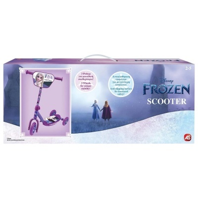 Embalagem de trotinetes Disney Frozen com personagem Elsa e texto em inglês e grego