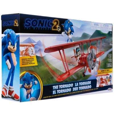 Caixa do brinquedo Sonic 2 com figura do Sonic e avião biplano vermelho.