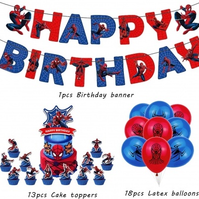 Decoração de aniversário com tema Homem-Aranha com faixa, toppers de bolo e balões de látex.