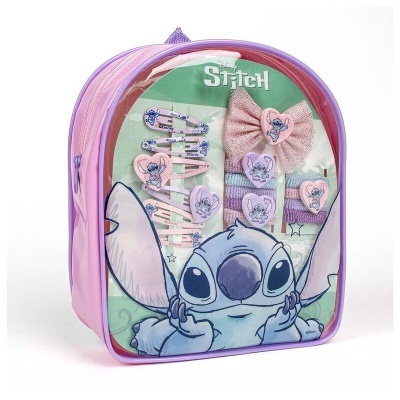 Mochila rosa e lilás com acessórios para cabelo Stitch em embalagem transparente