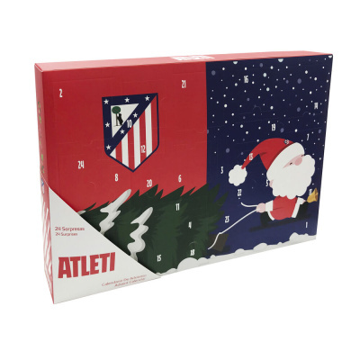 Caixa de calendário do advento com tema de Natal e logotipo do Atlético Madrid