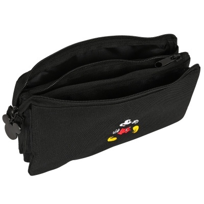 Estojo escolar preto com imagem bordada do Mickey Mouse e três compartimentos zíper