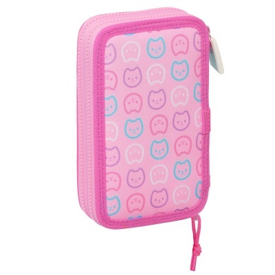 Estojo retangular cor-de-rosa com padrão de rostos de gatos e dentes