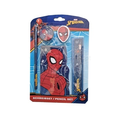 Conjunto de material escolar Spider-Man com lápis, borracha, apontador, régua e caderno