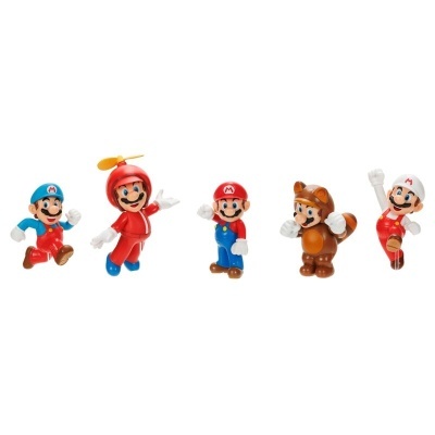 Figuras de ação do personagem Mario em várias roupas coloridas sobre fundo branco
