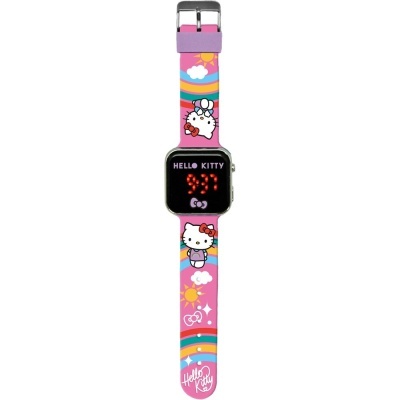 Relógio digital cor-de-rosa Hello Kitty com bracelete decorada.