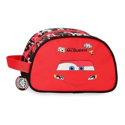 Estojo vermelho com estampa do Lightning McQueen e zíper com puxador em forma de roda