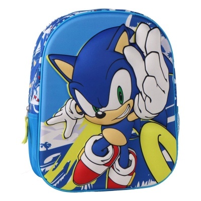 Mochila azul com desenho do Sonic, zíper amarelo e bolso lateral em rede azul
