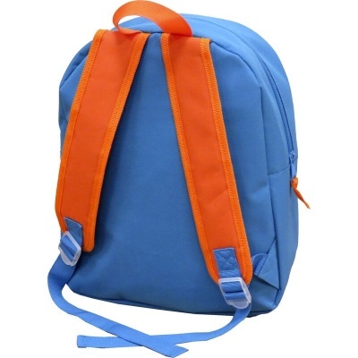 Mochila azul com alças largas laranja e fecho laranja