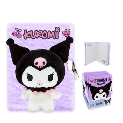 Caderno lilás com personagem Kuromi em peluche e fechadura com chave
