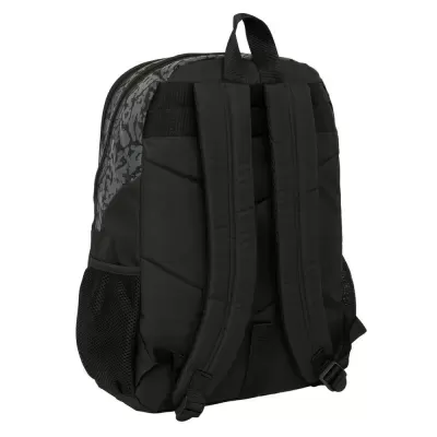 Mochila preta com alças acolchoadas e padrão cinza escuro nas laterais