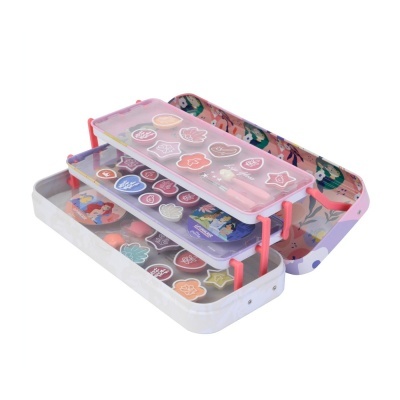 Estojo escolar metálico colorido com três níveis e decoração feminina