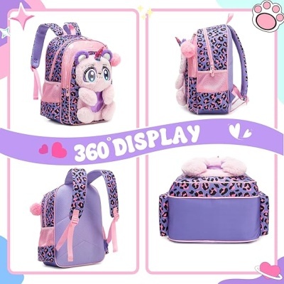 Mochila infantil unicórnio com padrão leopardo em rosa e roxo