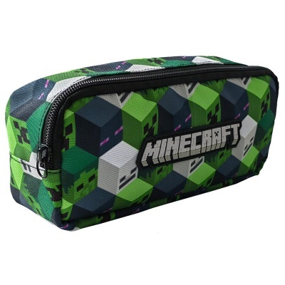 Estojo verde com padrão Minecraft em tecido com fecho zip preto