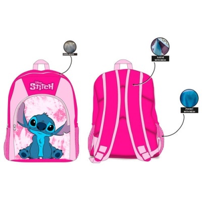 Mochila rosa com imagem do Stitch da Disney e bolso lateral em rede