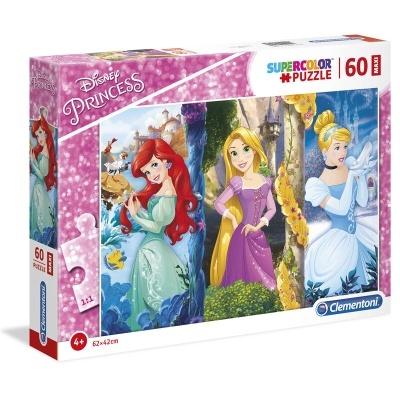 Caixa de puzzle Disney Princess com 60 peças da Clementoni com três princesas: Ariel, Rapunzel e Cinderela