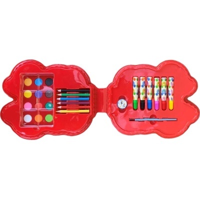 Estojo artístico vermelho em forma de nuvem com materiais de pintura coloridos.