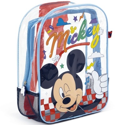 Mochila transparente com estampa do Mickey Mouse colorida e fita azul