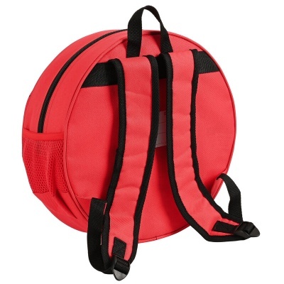 Mochila circular vermelha com alças pretas acolchoadas