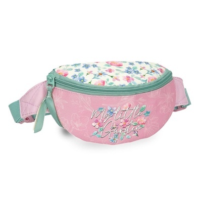 Bolsa de cintura rosa com padrão floral e texto My little Garden