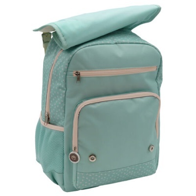 Mochila verde-água com bolsos com fecho e padrão de bolinhas no fundo