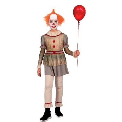 Fato de palhaço infantil com peruca laranja e balão vermelho