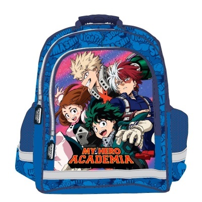 Mochila azul com personagens do anime My Hero Academia e texto na frente