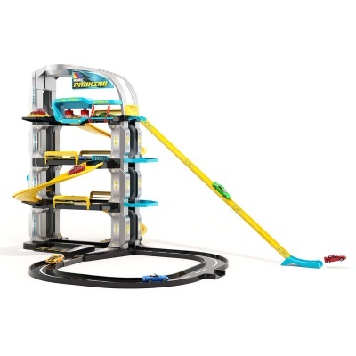 Parque de estacionamento de brinquedo em plástico com rampas e vários carros coloridos.