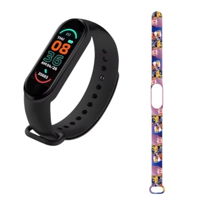 Pulseira inteligente preta com ecrã digital colorido e pulseira alternativa rosa com personagens de desenho animado