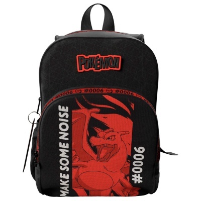 Mochila preta com desenho vermelho de Charizard e texto branco Pokémon