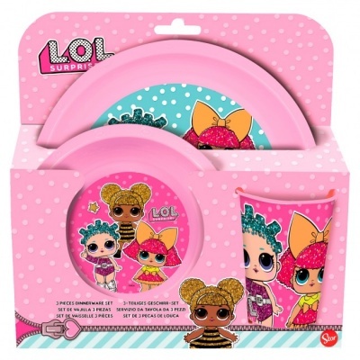 Conjunto de loiça infantil LOL Surprise com prato, tigela e copo cor de rosa e imagens de bonecas.