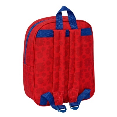 Mochila vermelha com alças azuis