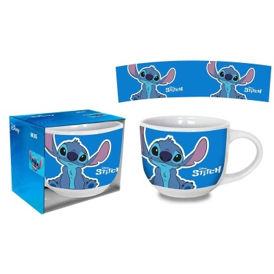 Caneca de cerâmica com personagem Stitch e embalagem azul