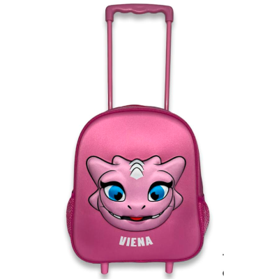 Mala infantil cor-de-rosa com dinossauro e texto VIENA