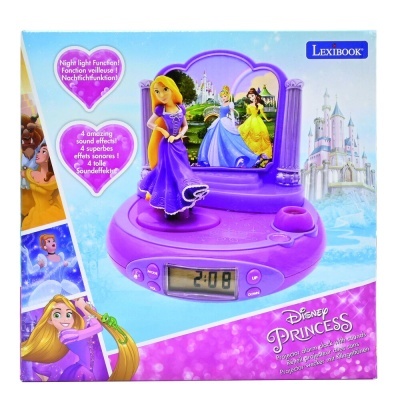 Relógio despertador Disney Princess lilás com figura de Rapunzel e visor digital
