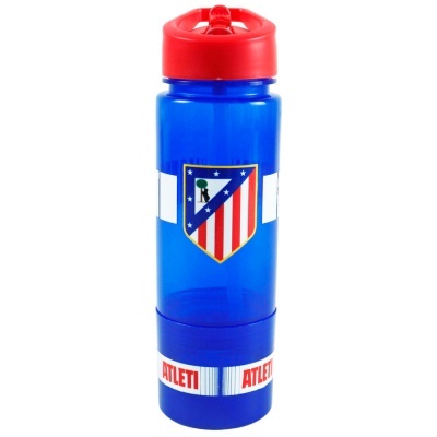 Garrafa desportiva azul translúcida com tampa vermelha e logótipo Atlético de Madrid