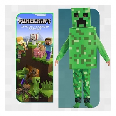 Fato de Halloween Minecraft verde pixelizado com máscara de Creeper e embalagem do produto