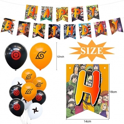 Decoração de aniversário com balões e bandeirolas do tema Naruto
