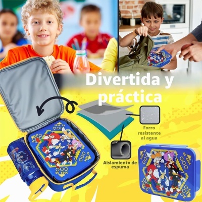 Lancheira azul com desenhos animados e mochila azul com garrafa e isolamento