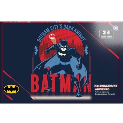 Caixa de calendário de advento Batman com ilustração do super-herói e texto informativo