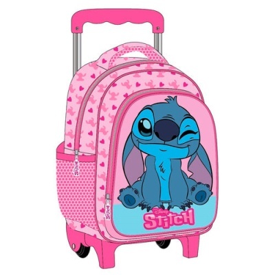 Mochila de rodas infantil rosa com Stitch azul sentado na frente