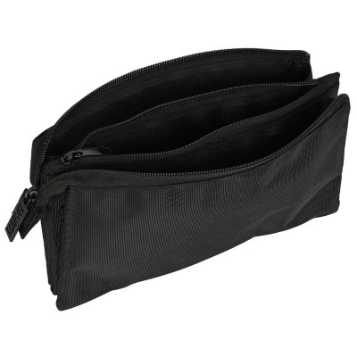 Bolsa preta de tecido com três compartimentos com fechos de correr