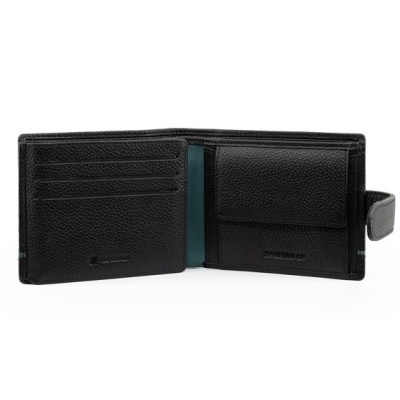 Carteira preta de couro com compartimentos para cartões e porta-moedas