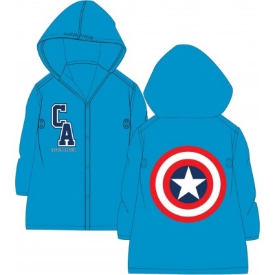 Casaco azul com capuz e escudo do Capitão América nas costas