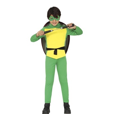Fato de tartaruga ninja para criança com bastões e máscara verde