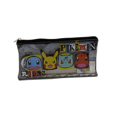 Estojo escolar transparente com personagens Pokémon e fecho preto
