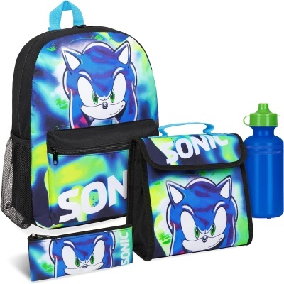 Conjunto escolar Sonic com mochila, estojo, lancheira e garrafa azul