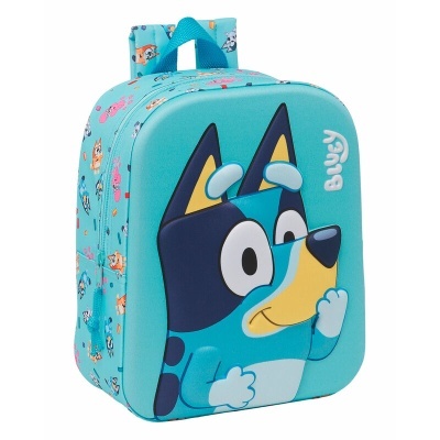 Mochila infantil azul com personagem Bluey e padrão colorido