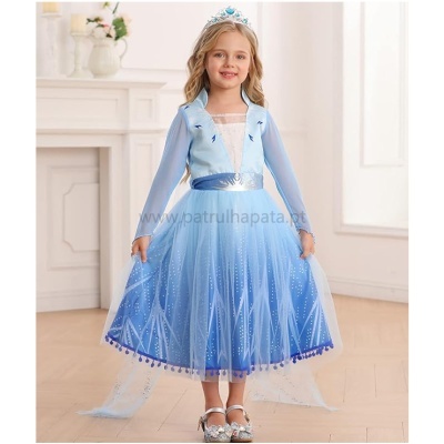 Vestido azul de princesa para menina com saia em tule e coroa azul