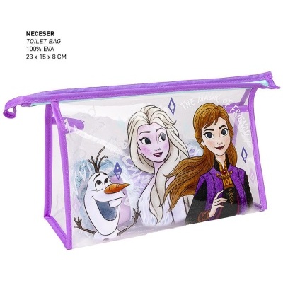 Neceser transparente com personagens da Frozen e acabamento roxo